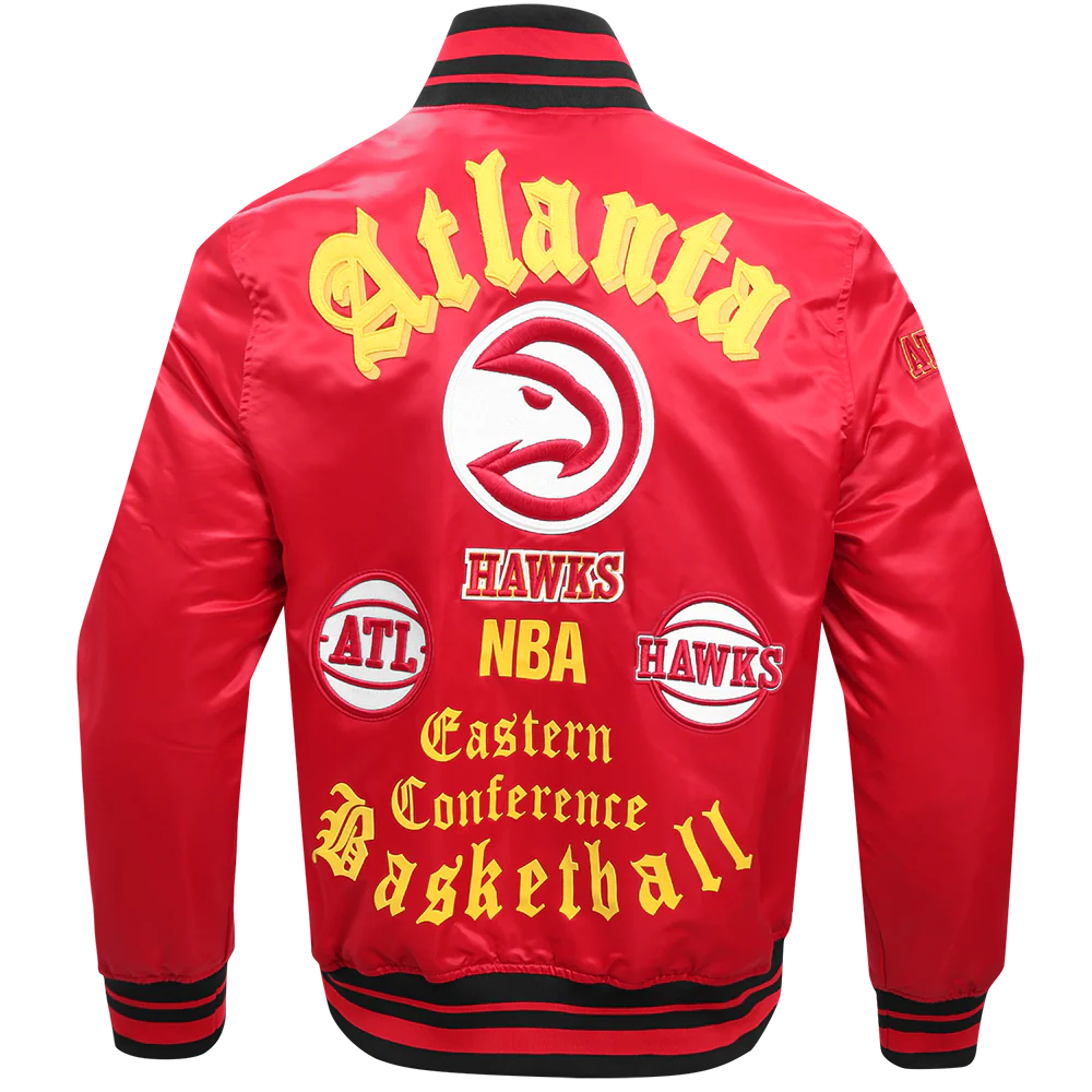 NBA ATLANTA HAWKS OLD ENGLISH MEN'S RIB SATIN JACKET (RED/BLACK) - Image 4
