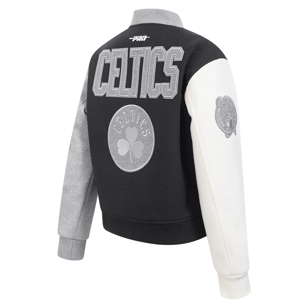 NBA BOSTON CELTICS REVERSE FRENCH TERRY WOMEN'S WOOL VARSITY JACKET (BLACK/GRAY/EGGSHELL) - Image 4