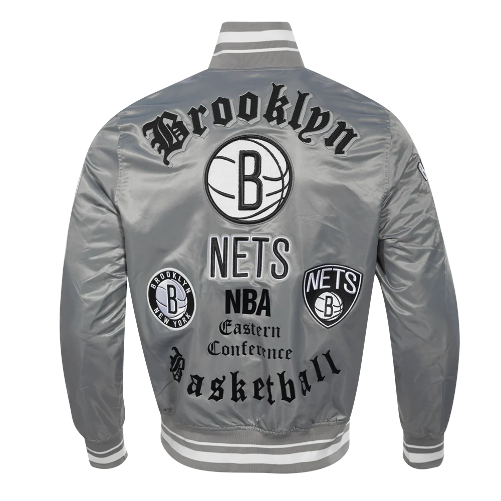 NBA BROOKLYN NETS OLD ENGLISH MEN'S RIB SATIN JACKET (GRAY) - Image 5