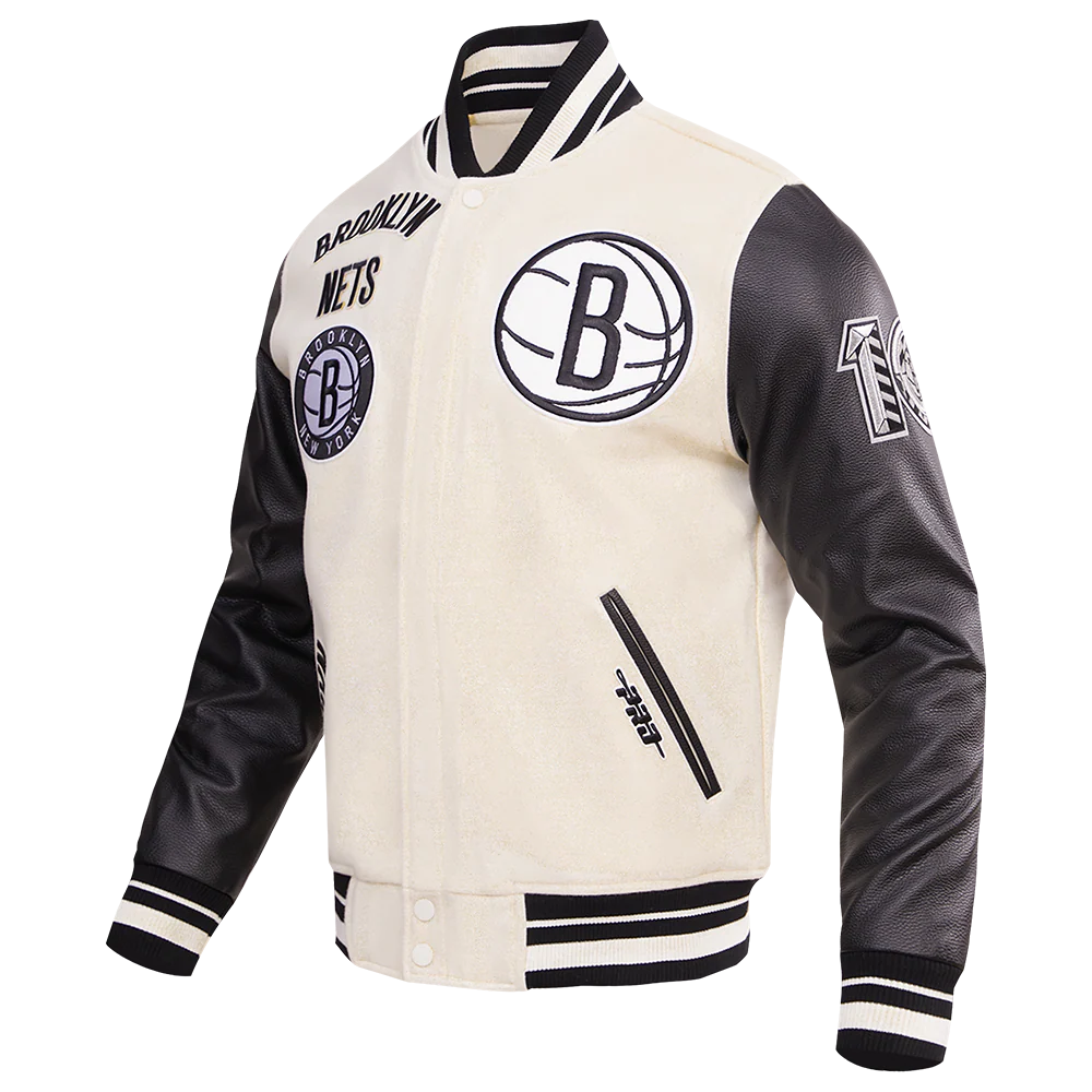 NBA BROOKLYN NETS RETRO CLASSIC MEN'S RIB WOOL VARSITY JACKET (EGGSHELL/ BLACK) - Image 2
