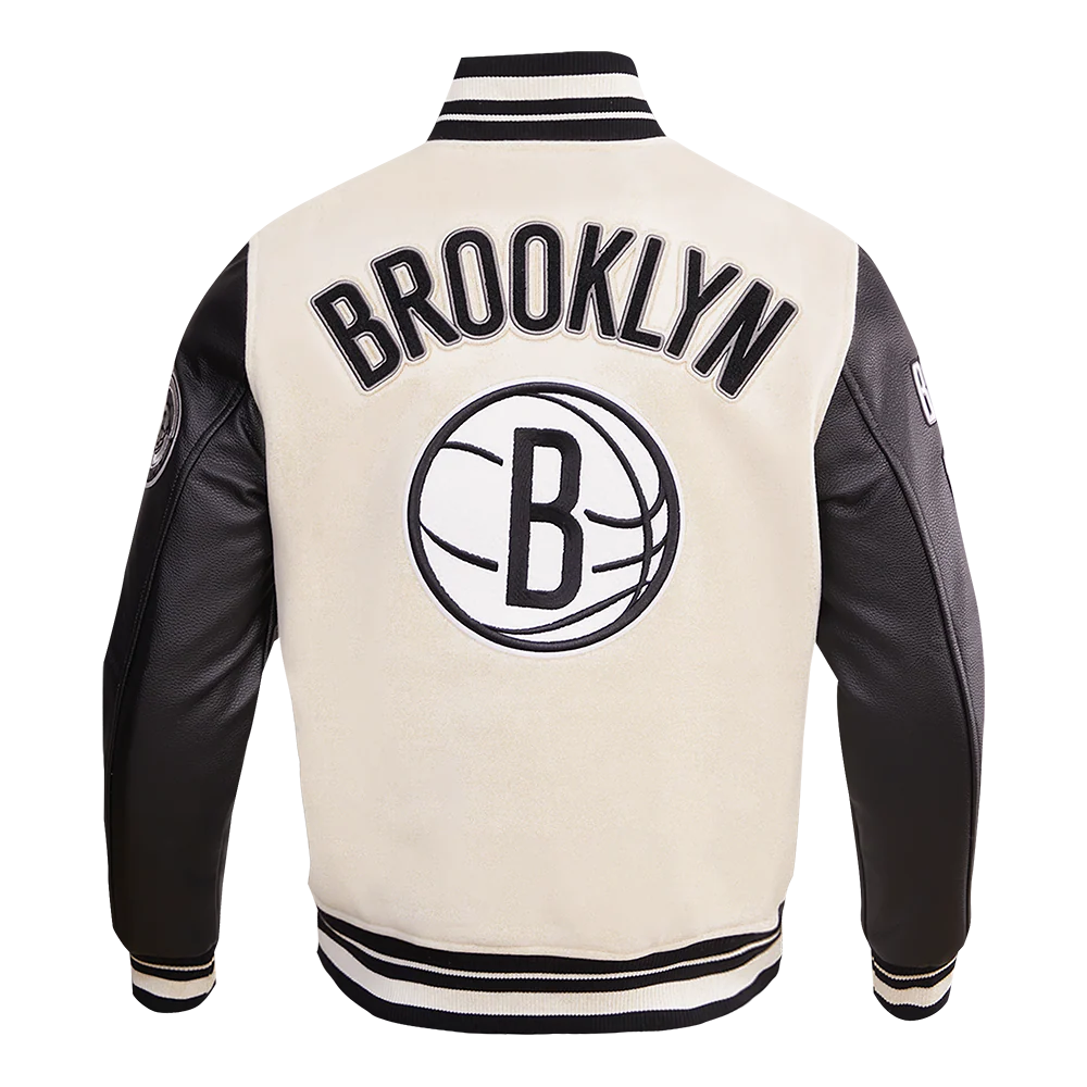 NBA BROOKLYN NETS RETRO CLASSIC MEN'S RIB WOOL VARSITY JACKET (EGGSHELL/ BLACK) - Image 3