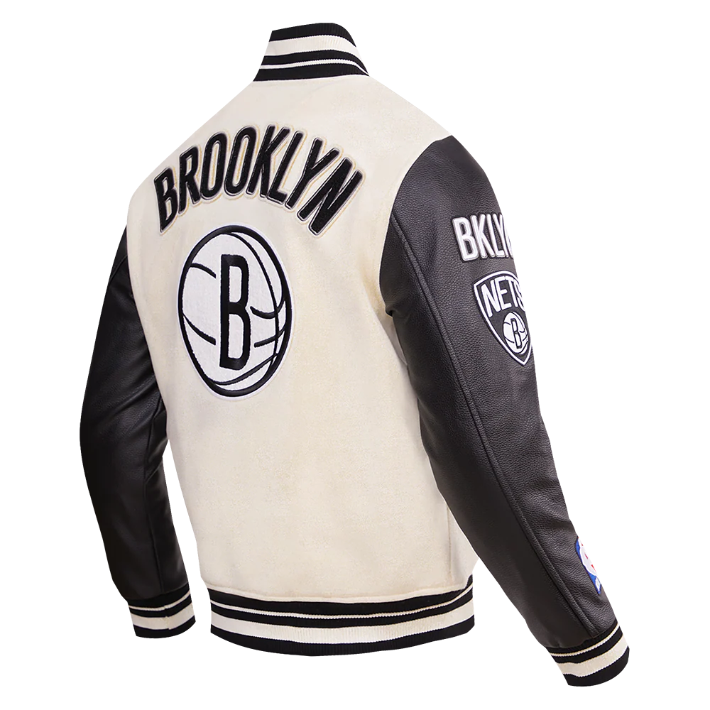 NBA BROOKLYN NETS RETRO CLASSIC MEN'S RIB WOOL VARSITY JACKET (EGGSHELL/ BLACK) - Image 4