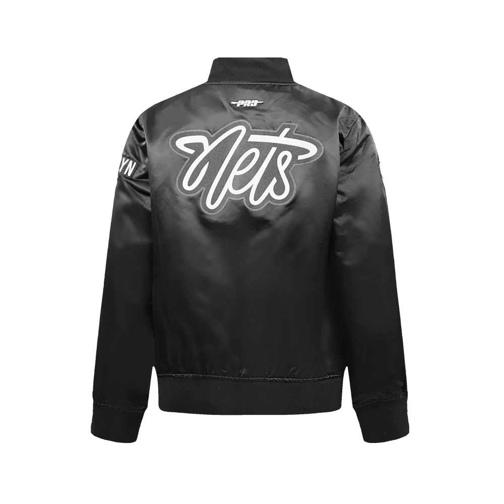 NBA BROOKLYN NETS CLASSIC BIG BOYS SATIN JACKET (BLACK) - Image 3