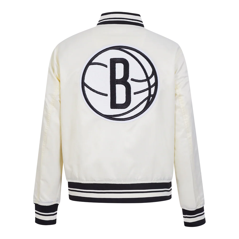 NBA BROOKLYN NETS RETRO CLASSIC WOMEN'S RIB SATIN JACKET (EGGSHELL/ BLACK) - Image 3