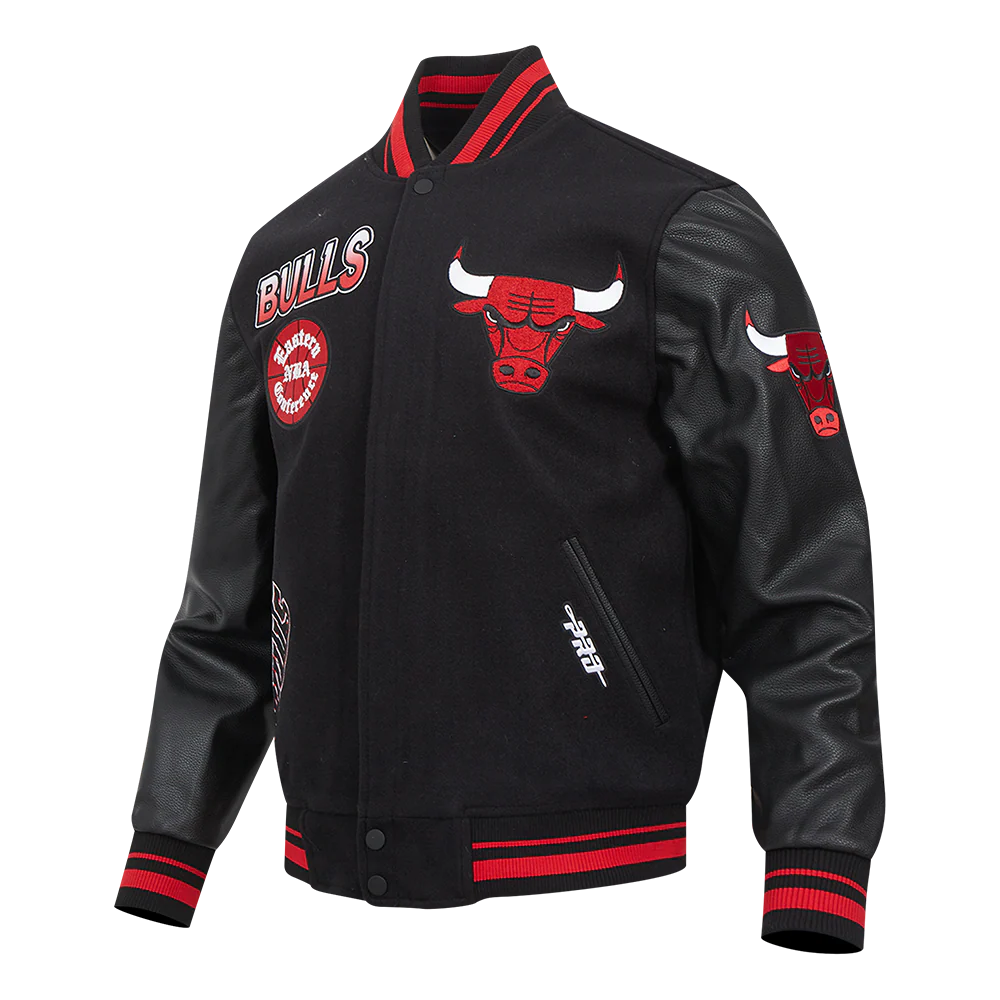 NBA CHICAGO BULLS TURN IT UP MEN'S RIB WOOL VARSITY JACKET (BLACK/RED/BLACK) - Image 2