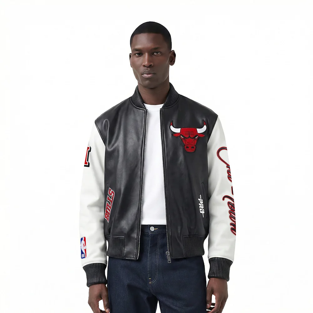 NBA CHICAGO BULLS CITY SIGNATURE MEN'S LEATHER VARSITY JACKET (BLACK/WHITE)