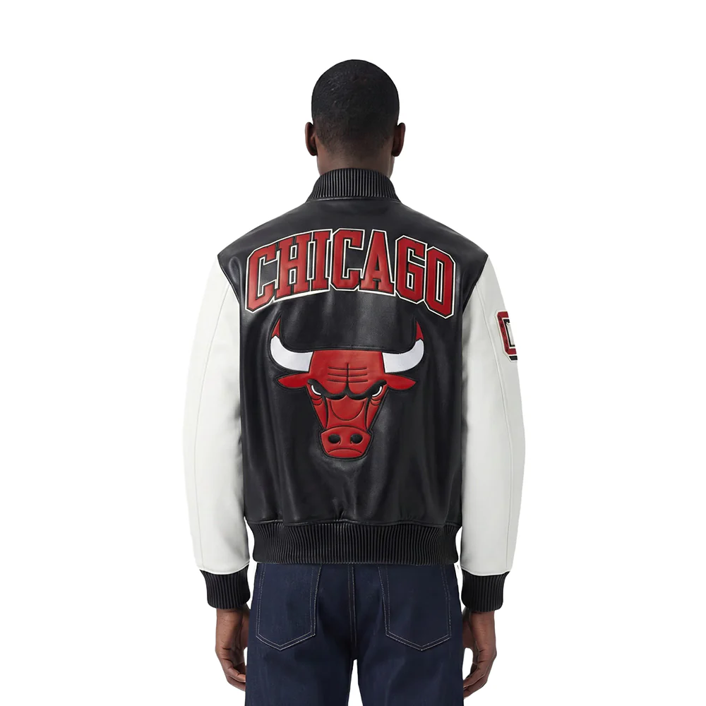 NBA CHICAGO BULLS CITY SIGNATURE MEN'S LEATHER VARSITY JACKET (BLACK/WHITE) - Image 2