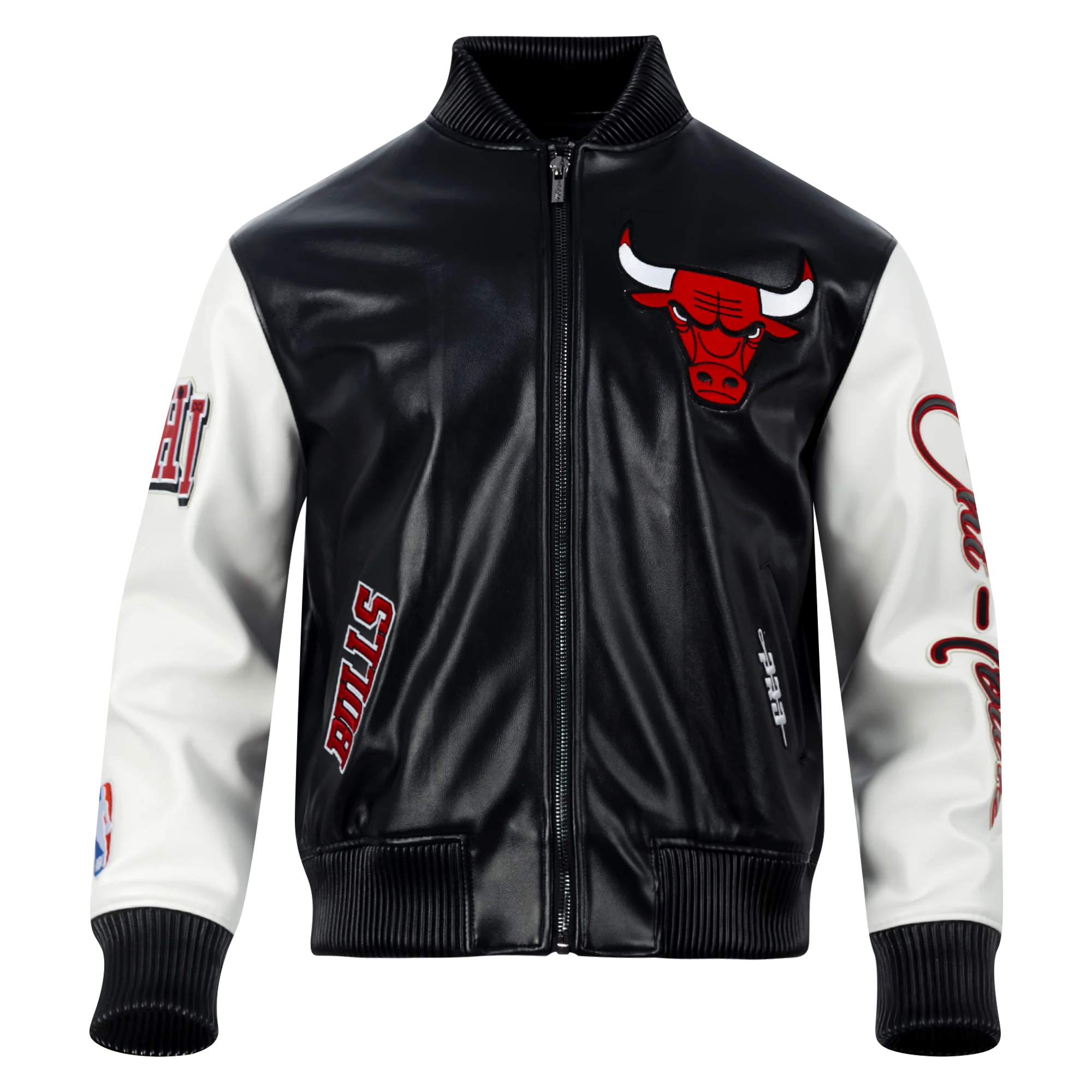 NBA CHICAGO BULLS CITY SIGNATURE MEN'S LEATHER VARSITY JACKET (BLACK/WHITE) - Image 3