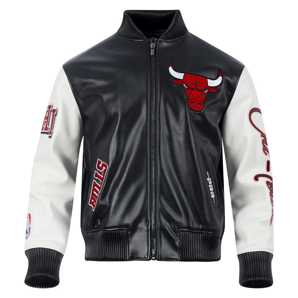 NBA CHICAGO BULLS CITY SIGNATURE MEN'S LEATHER VARSITY JACKET (BLACK/WHITE) - Image 5