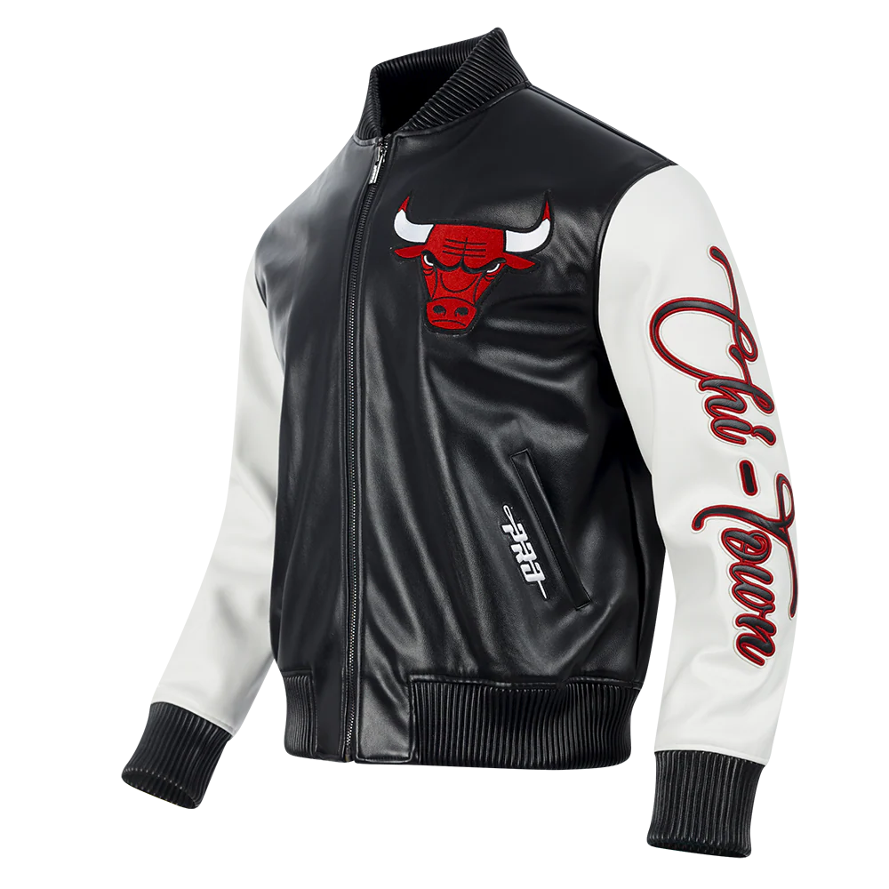 NBA CHICAGO BULLS CITY SIGNATURE MEN'S LEATHER VARSITY JACKET (BLACK/WHITE) - Image 6
