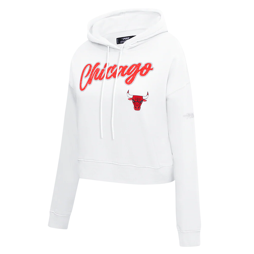 NBA CHICAGO BULLS TEAM CRYSTALLINE WOMEN'S CROPPED PULLOVER HOODIE (WHITE) - Image 3