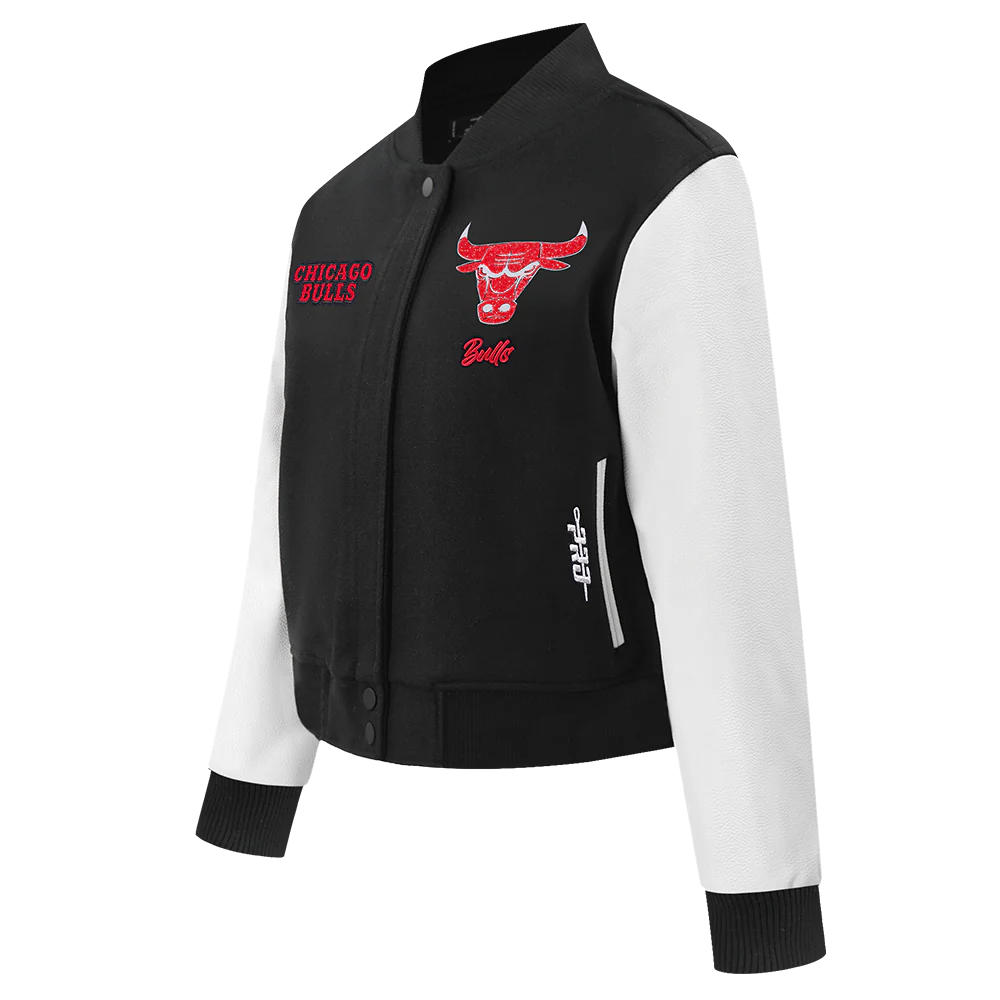NBA CHICAGO BULLS TEAM CRYSTALLINE WOMEN'S VARSITY JACKET (BLACK/WHITE) - Image 3