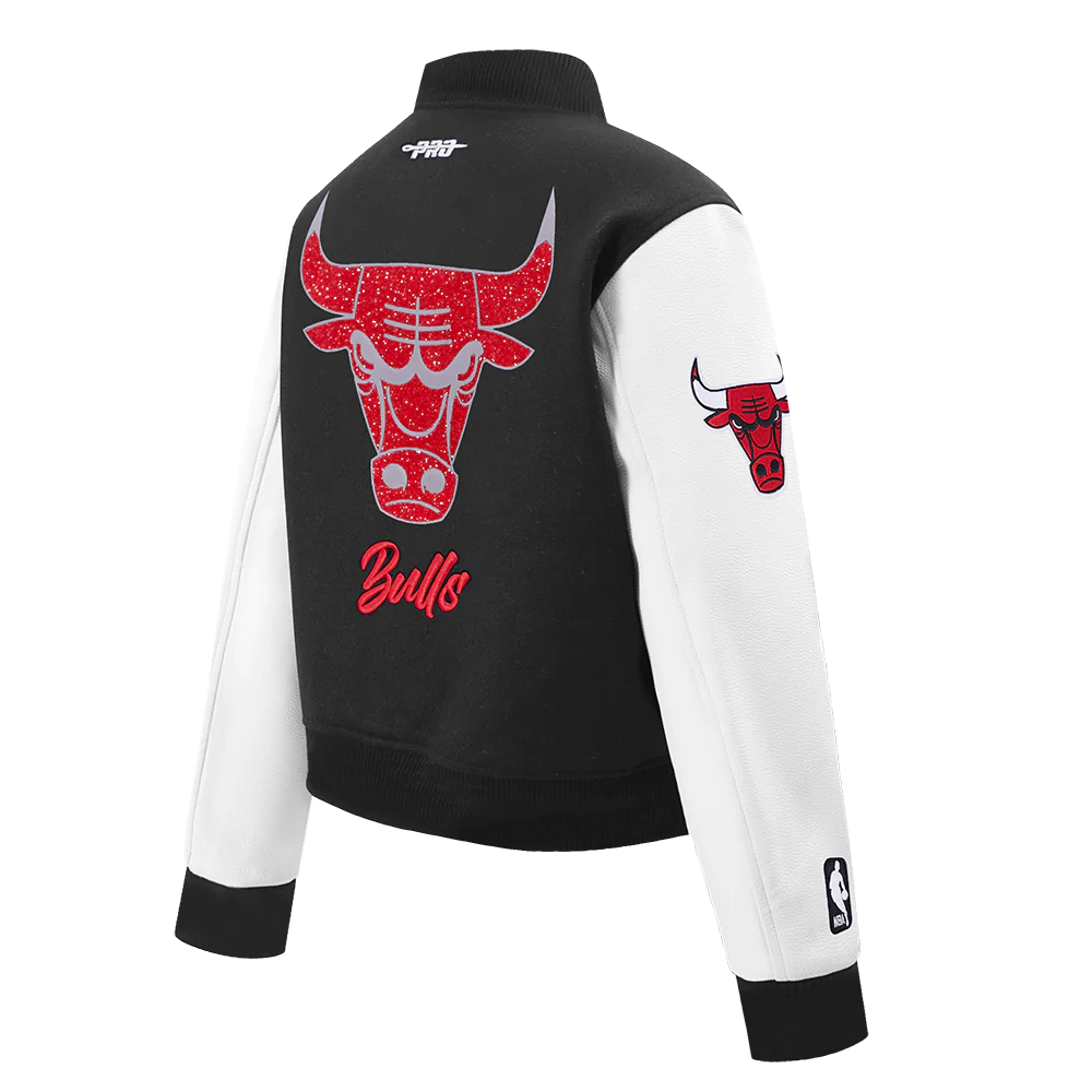NBA CHICAGO BULLS TEAM CRYSTALLINE WOMEN'S VARSITY JACKET (BLACK/WHITE) - Image 4