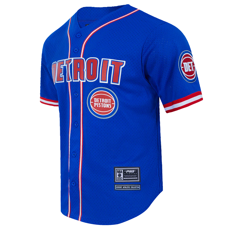NBA DETROIT PISTONS CLASSIC MEN'S MESH BUTTON DOWN SHIRT (ROYAL BLUE/RED) - Image 2