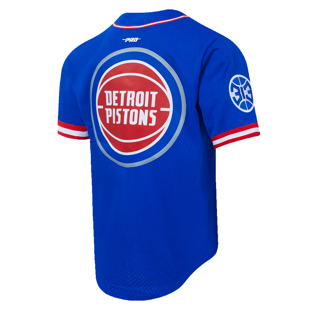 NBA DETROIT PISTONS CLASSIC MEN'S MESH BUTTON DOWN SHIRT (ROYAL BLUE/RED) - Image 4