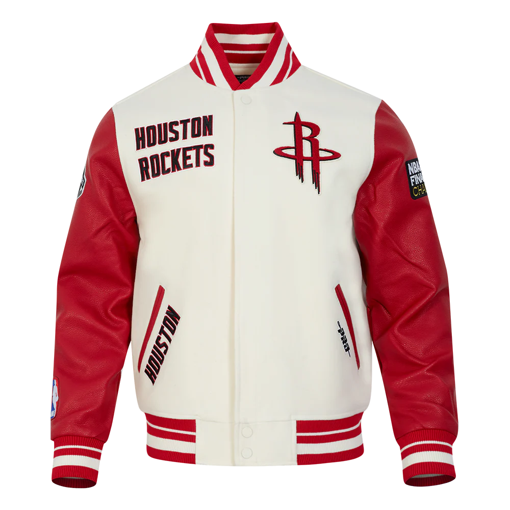 NBA HOUSTON ROCKETS RETRO CLASSIC MEN'S RIB WOOL VARSITY JACKET (EGGSHELL/ RED) - Image 3