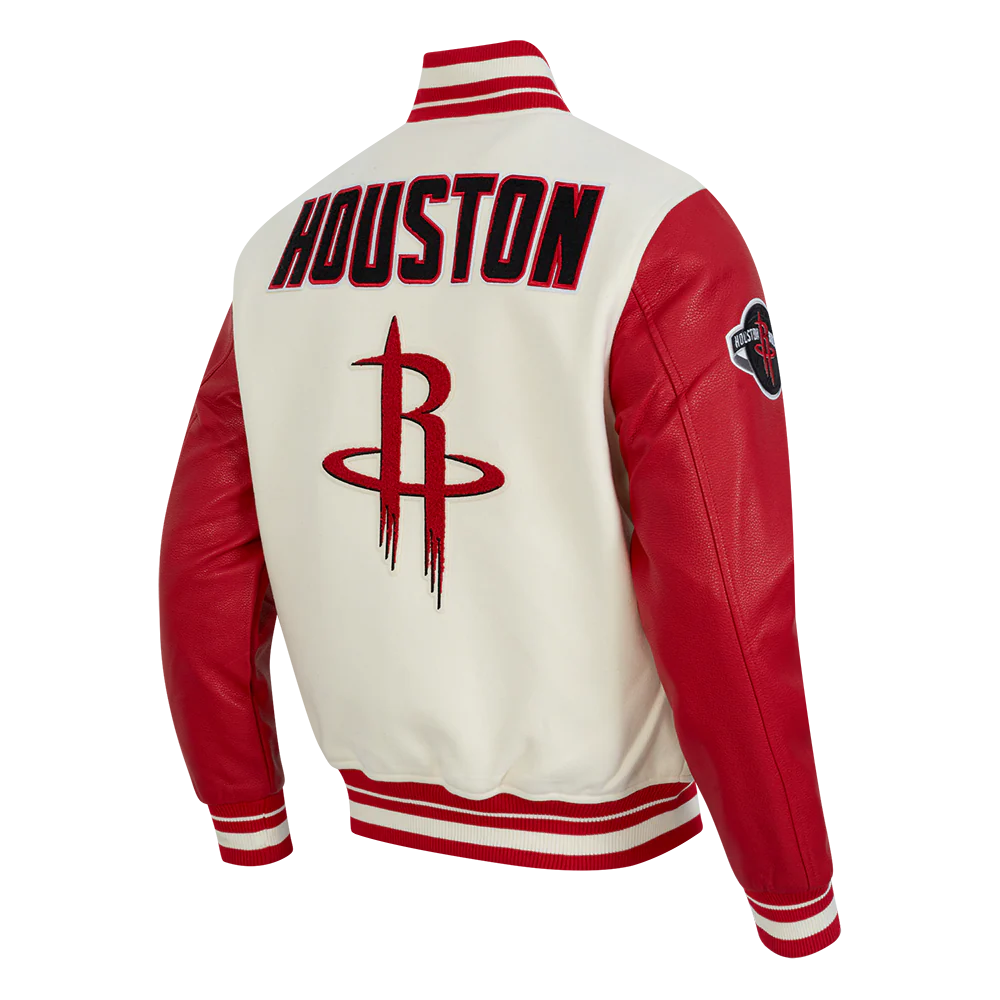 NBA HOUSTON ROCKETS RETRO CLASSIC MEN'S RIB WOOL VARSITY JACKET (EGGSHELL/ RED) - Image 6