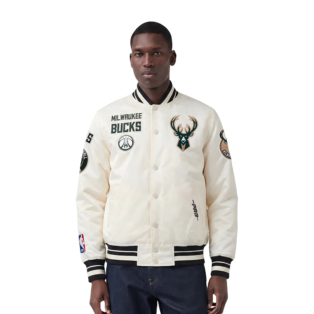 NBA MILWAUKEE BUCKS RETRO CLASSIC MEN'S RIB SATIN JACKET (EGGSHELL/ BLACK)