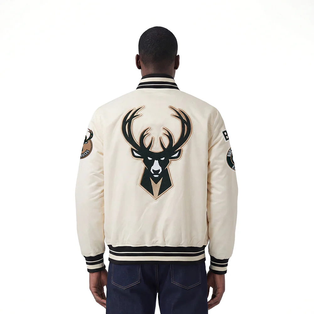 NBA MILWAUKEE BUCKS RETRO CLASSIC MEN'S RIB SATIN JACKET (EGGSHELL/ BLACK) - Image 2