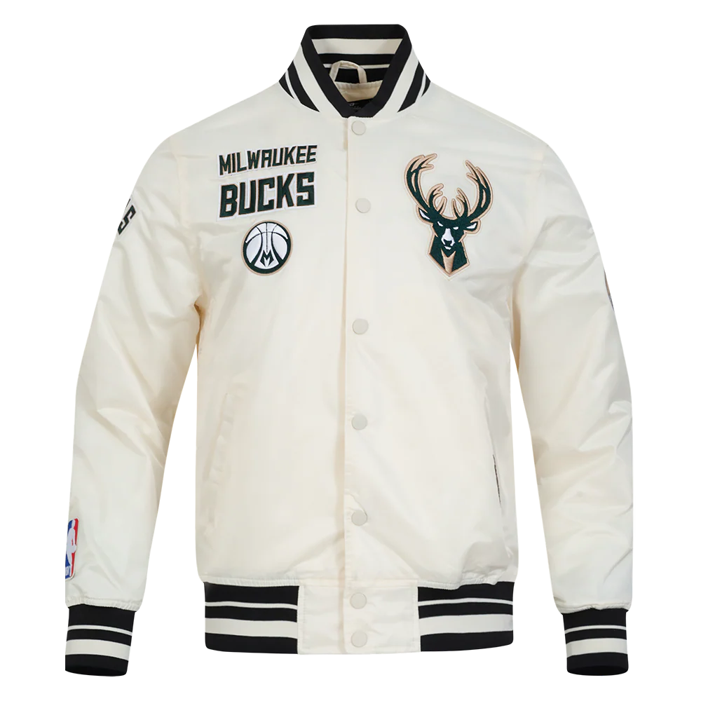 NBA MILWAUKEE BUCKS RETRO CLASSIC MEN'S RIB SATIN JACKET (EGGSHELL/ BLACK) - Image 3