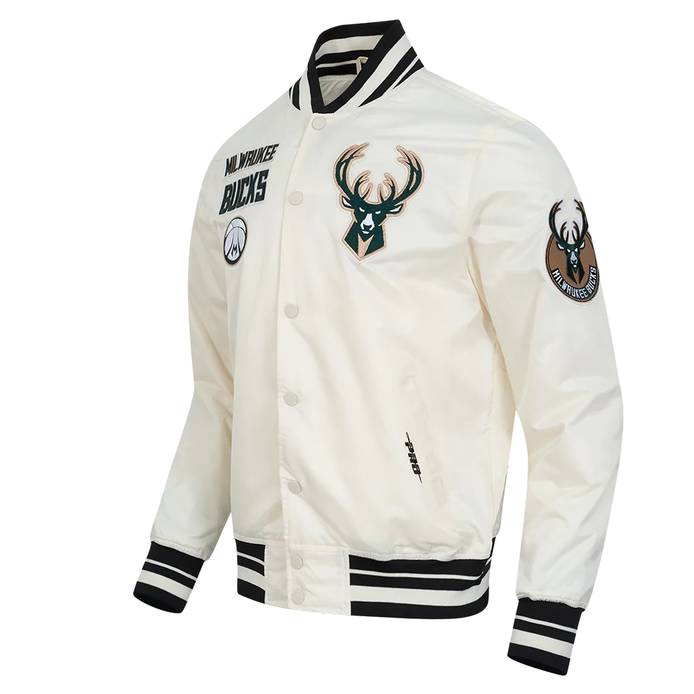 NBA MILWAUKEE BUCKS RETRO CLASSIC MEN'S RIB SATIN JACKET (EGGSHELL/ BLACK) - Image 4