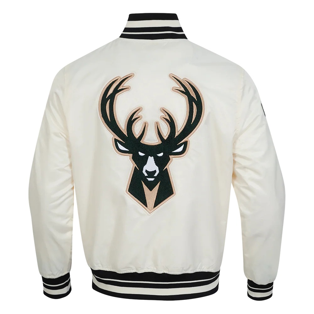 NBA MILWAUKEE BUCKS RETRO CLASSIC MEN'S RIB SATIN JACKET (EGGSHELL/ BLACK) - Image 5