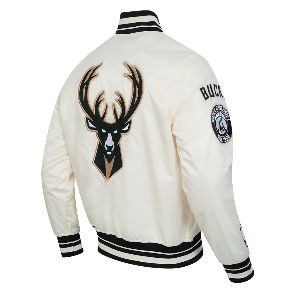 NBA MILWAUKEE BUCKS RETRO CLASSIC MEN'S RIB SATIN JACKET (EGGSHELL/ BLACK) - Image 6