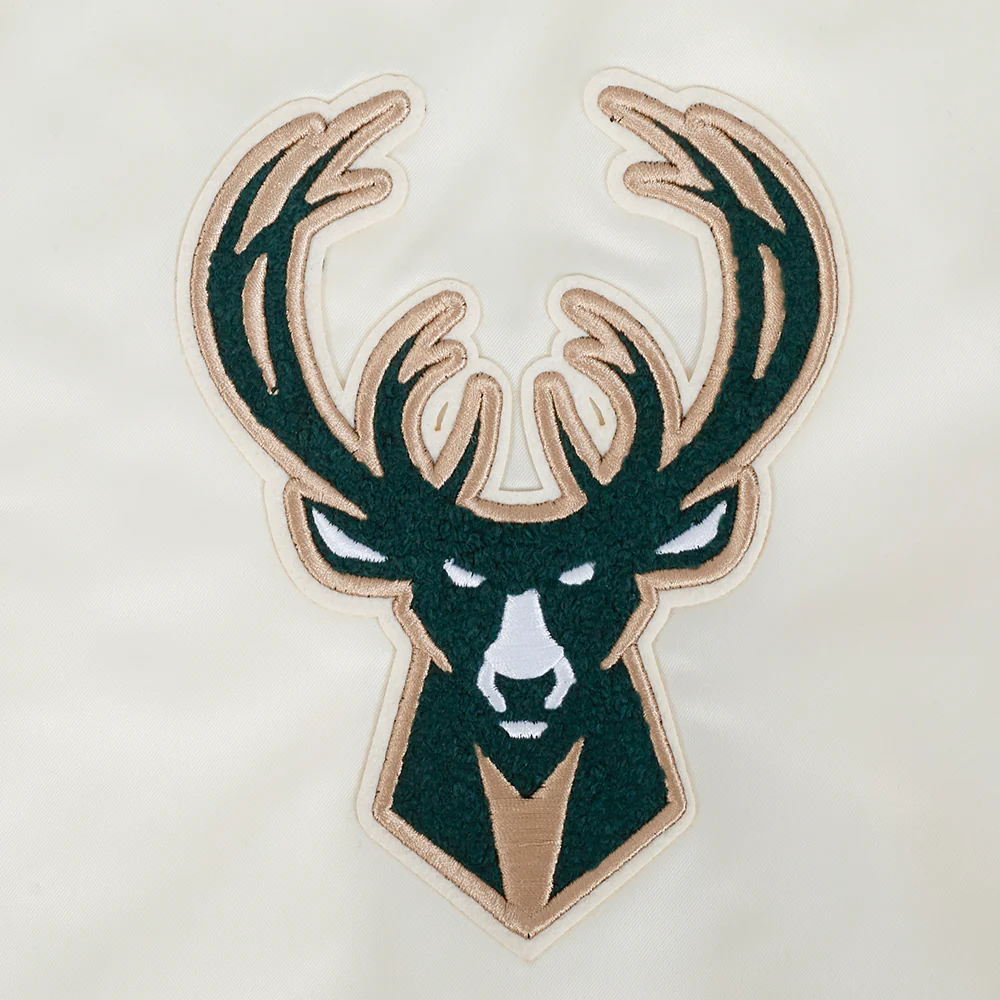 NBA MILWAUKEE BUCKS RETRO CLASSIC MEN'S RIB SATIN JACKET (EGGSHELL/ BLACK) - Image 8