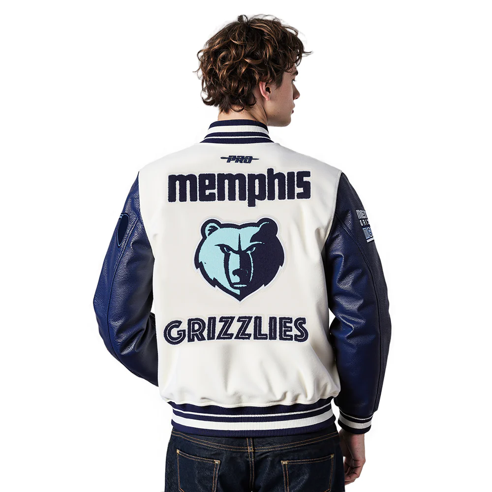 NBA MEMPHIS GRIZZLIES CITY EDITION 25-26 MEN'S RIB WOOL VARSITY JACKET (EGGSHELL/ MIDNIGHT NAVY) - Image 2