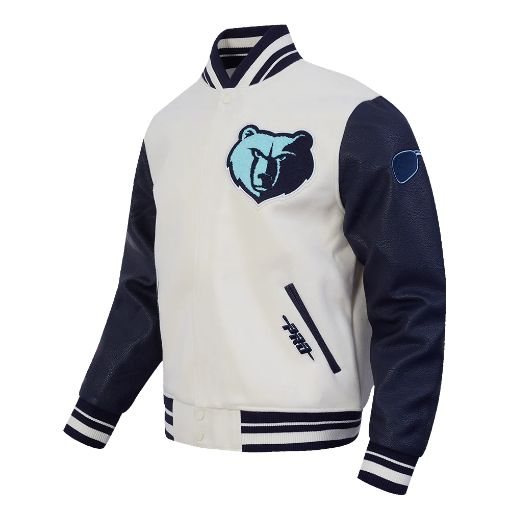 NBA MEMPHIS GRIZZLIES CITY EDITION 25-26 MEN'S RIB WOOL VARSITY JACKET (EGGSHELL/ MIDNIGHT NAVY) - Image 3