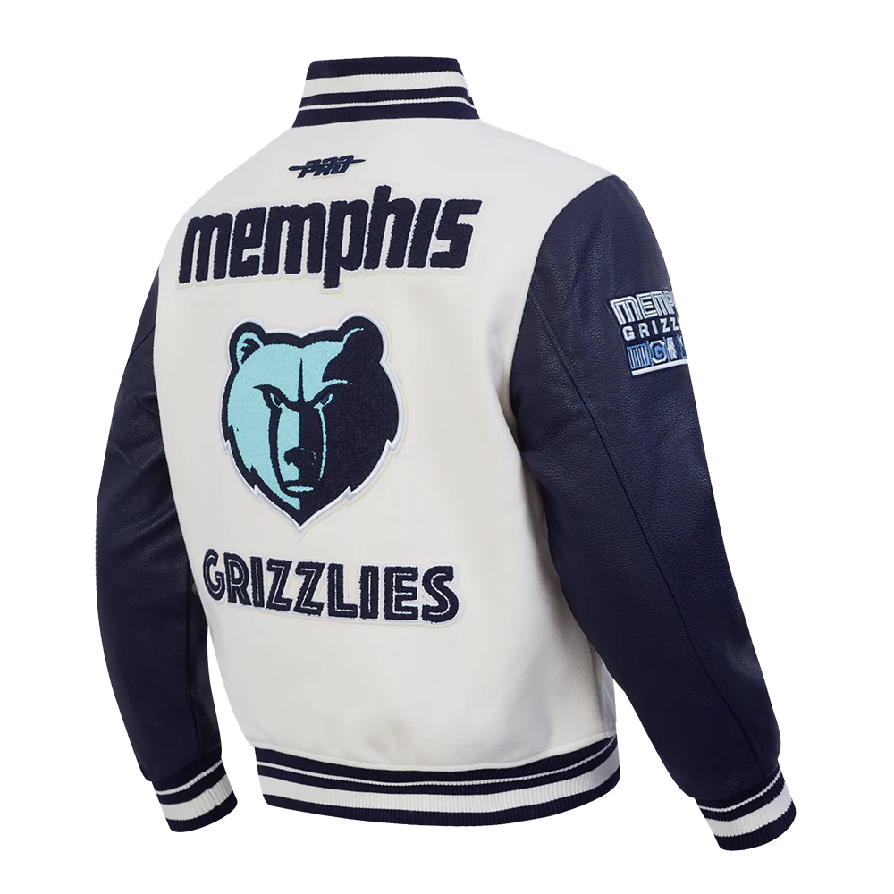 NBA MEMPHIS GRIZZLIES CITY EDITION 25-26 MEN'S RIB WOOL VARSITY JACKET (EGGSHELL/ MIDNIGHT NAVY) - Image 4