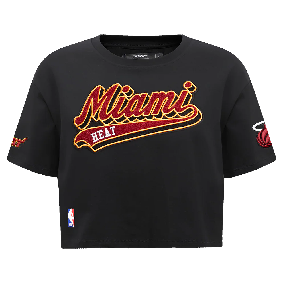 NBA MIAMI HEAT SCRIPT TAIL WOMEN'S SINGLE JERSEY BOXY TEE (BLACK)