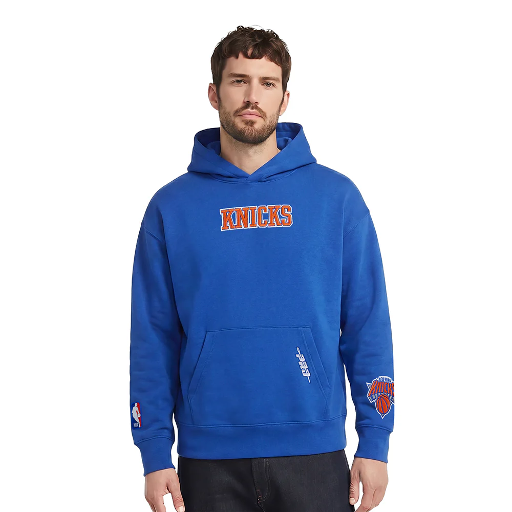 NBA NEW YORK KNICKS WINGSPAN MEN'S DROP SHOULDER FLEECE PULLOVER HOODIE (ROYAL BLUE) - Image 2