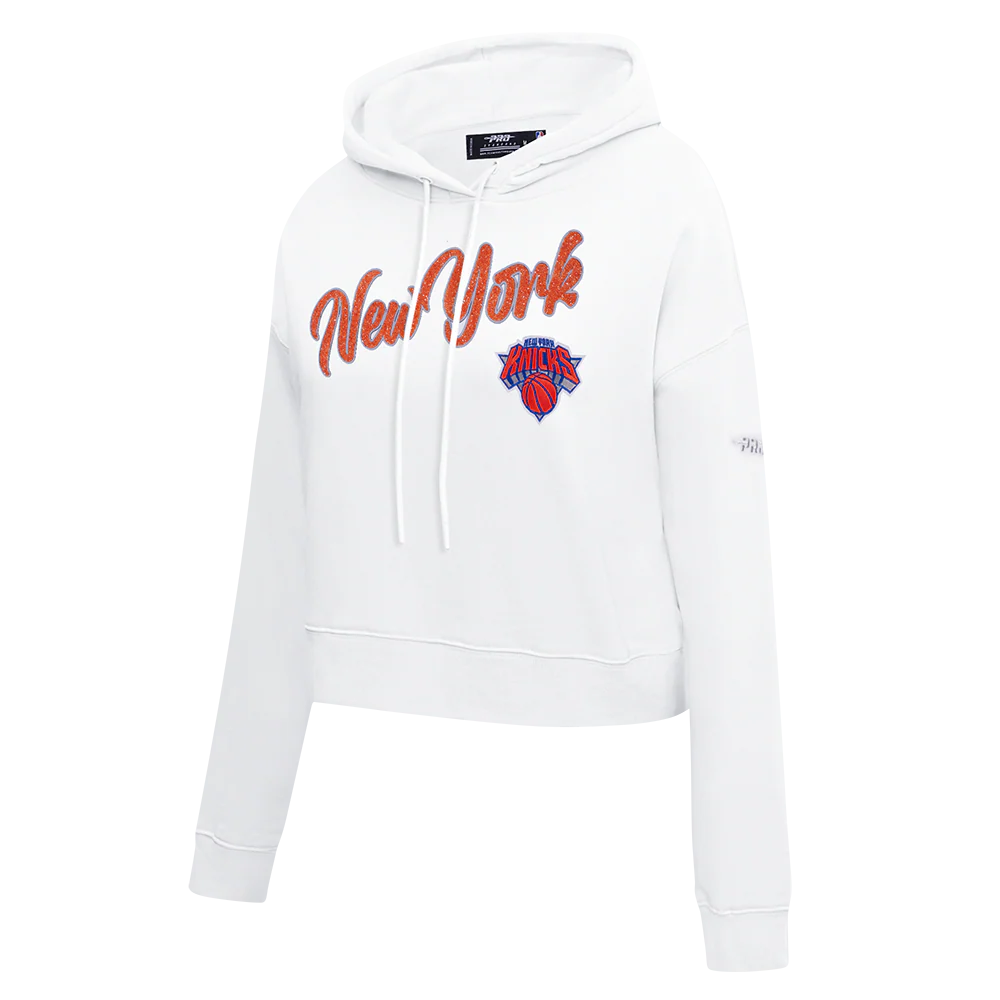 NBA NEW YORK KNICKS TEAM CRYSTALLINE WOMEN'S CROPPED PULLOVER HOODIE (WHITE) - Image 3