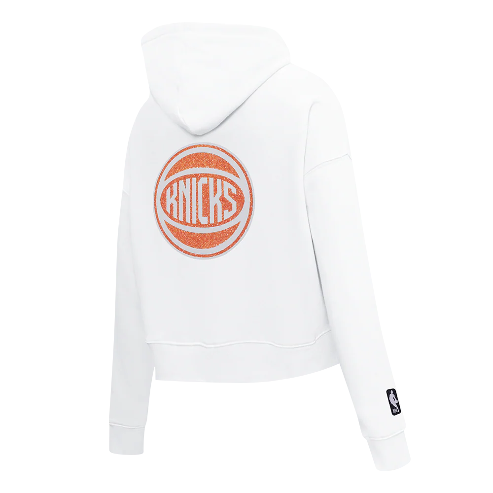 NBA NEW YORK KNICKS TEAM CRYSTALLINE WOMEN'S CROPPED PULLOVER HOODIE (WHITE) - Image 4