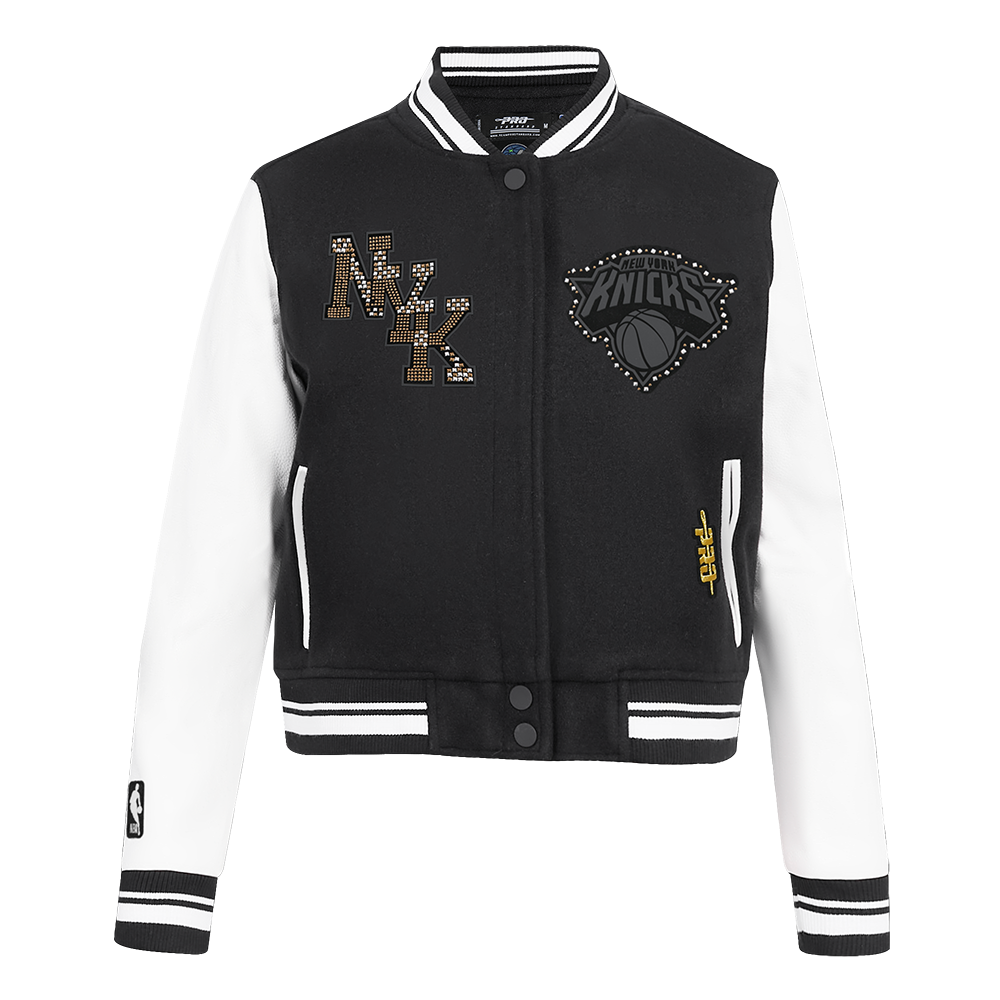 NBA NEW YORK KNICKS RENEGADE WOMEN'S RIB CROPPED WOOL VARSITY JACKET (BLACK/WHITE)