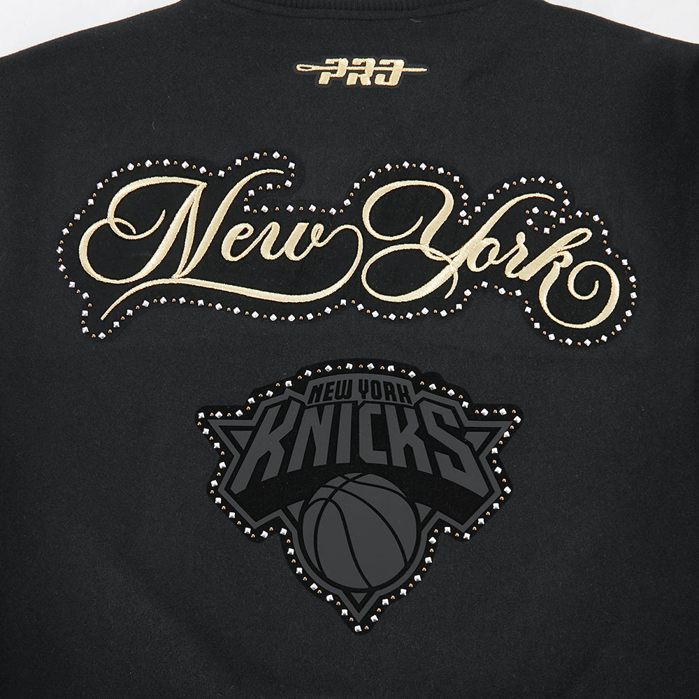 NBA NEW YORK KNICKS RENEGADE WOMEN'S RIB CROPPED WOOL VARSITY JACKET (BLACK/WHITE) - Image 5