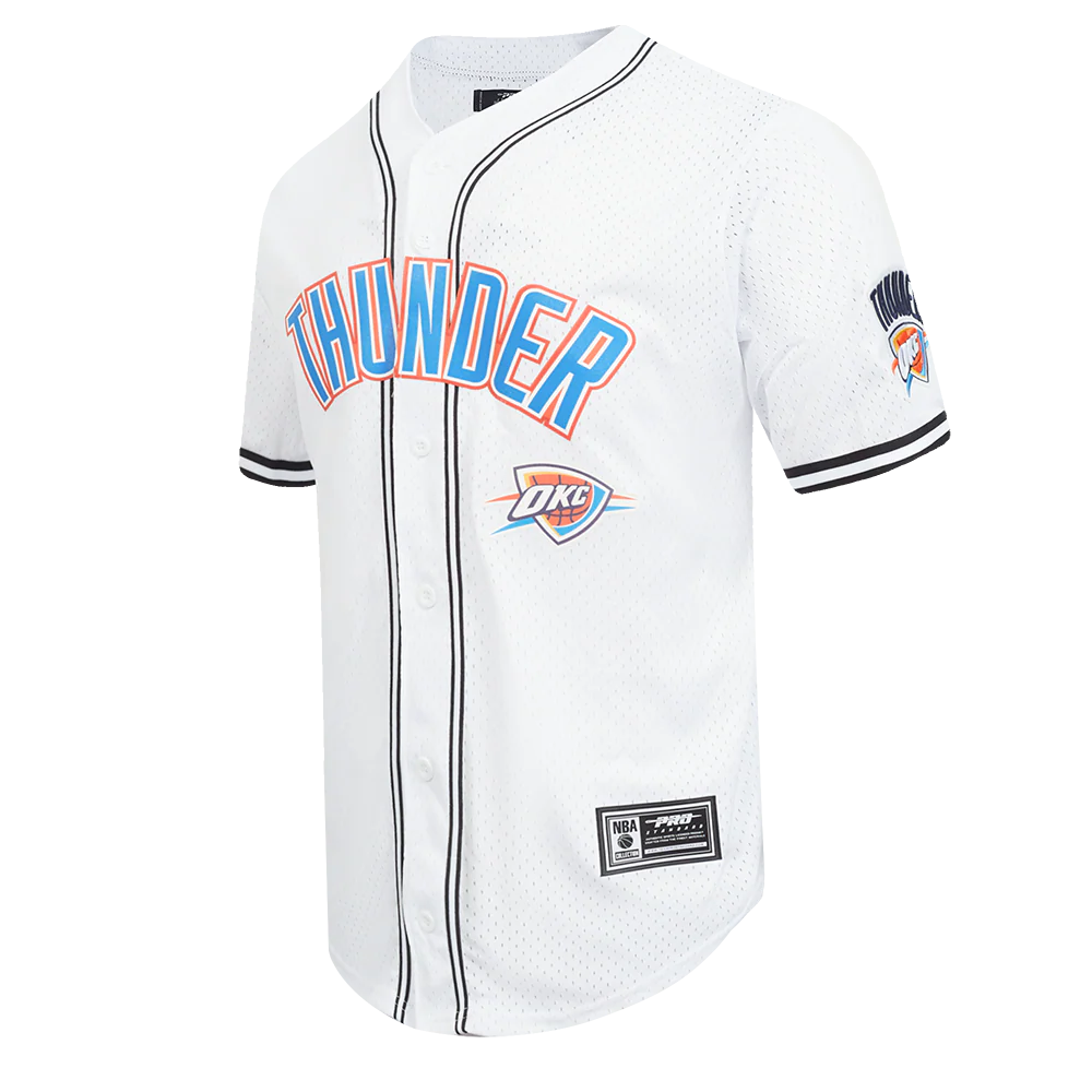 NBA OKLAHOMA CITY THUNDER CLASSIC MESH MEN'S BUTTON DOWN SHIRT (WHITE/BLACK/WHITE) - Image 2