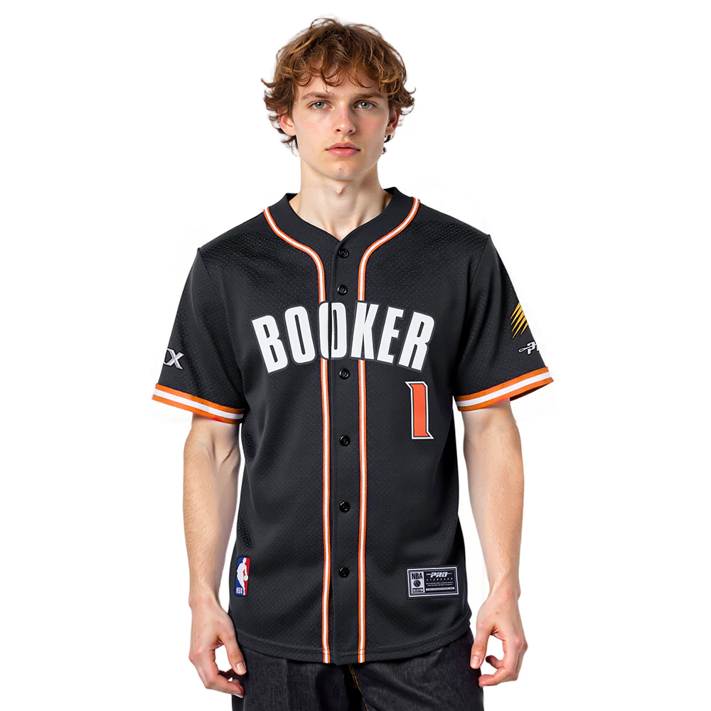 NBA PHOENIX SUNS DEVIN BOOKER #1 CLASSIC MESH PNN MEN'S MESH BUTTON DOWN SHIRT (BLACK/ORANGE)