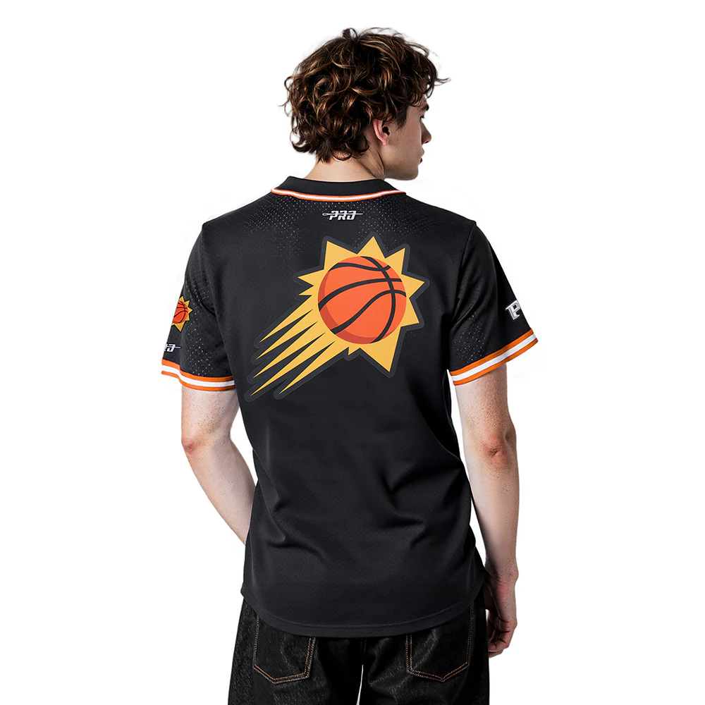 NBA PHOENIX SUNS DEVIN BOOKER #1 CLASSIC MESH PNN MEN'S MESH BUTTON DOWN SHIRT (BLACK/ORANGE) - Image 2