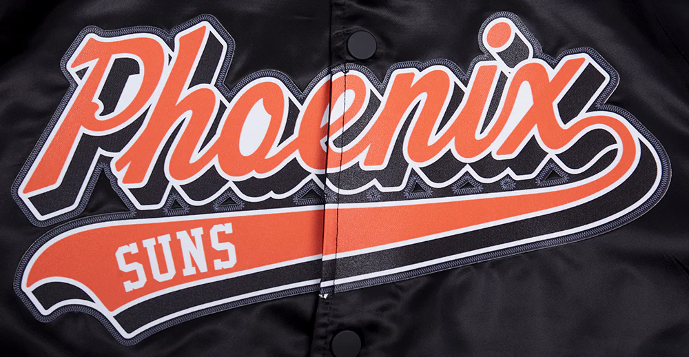 NBA PHOENIX SUNS SCRIPT TAIL MEN'S SATIN JACKET (BLACK/ORANGE) - Image 5