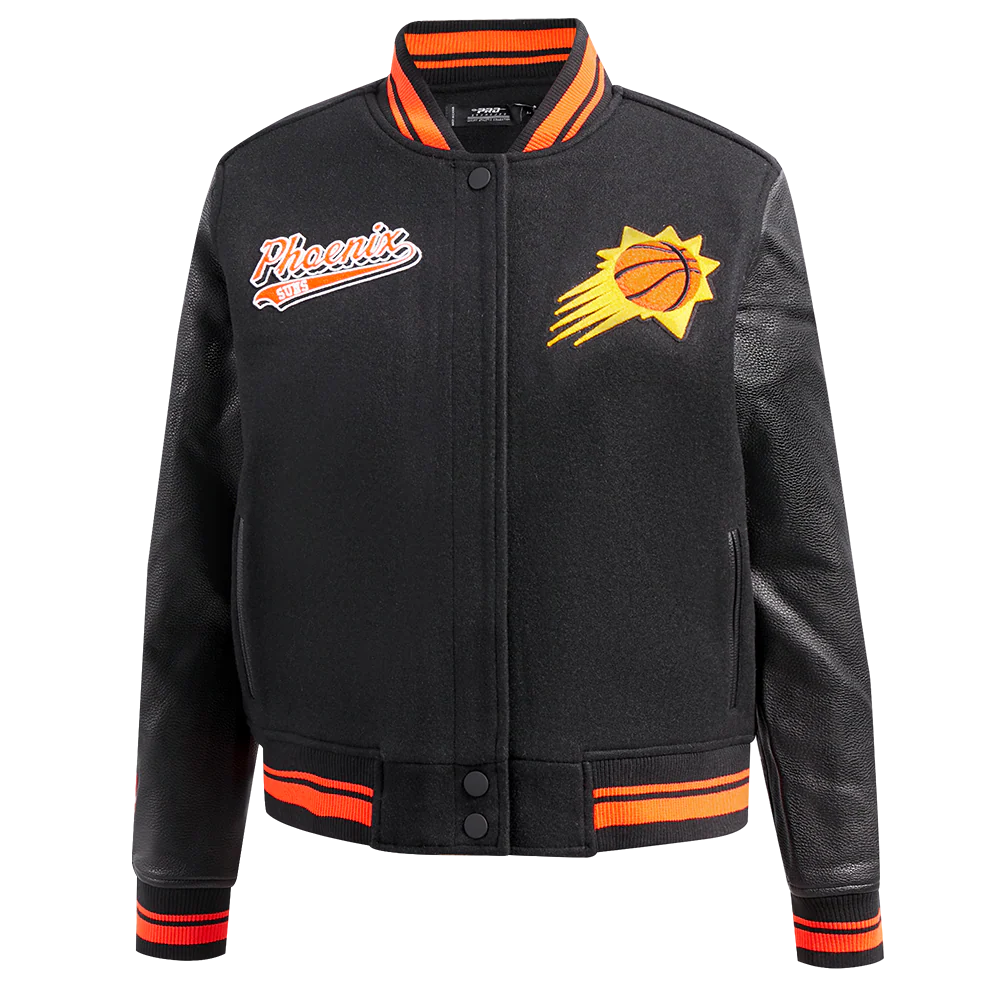 NBA PHOENIX SUNS SCRIPT TAIL WOMEN'S WOOL VARSITY JACKET (BLACK/ORANGE)