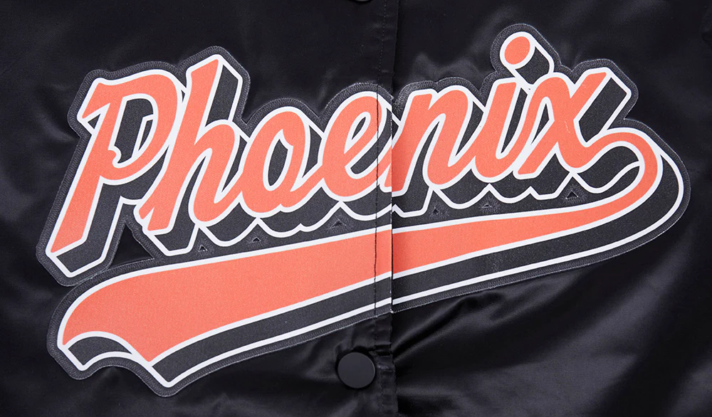 NBA PHOENIX SUNS SCRIPT TAIL WOMEN'S SATIN JACKET (BLACK/ORANGE) - Image 5