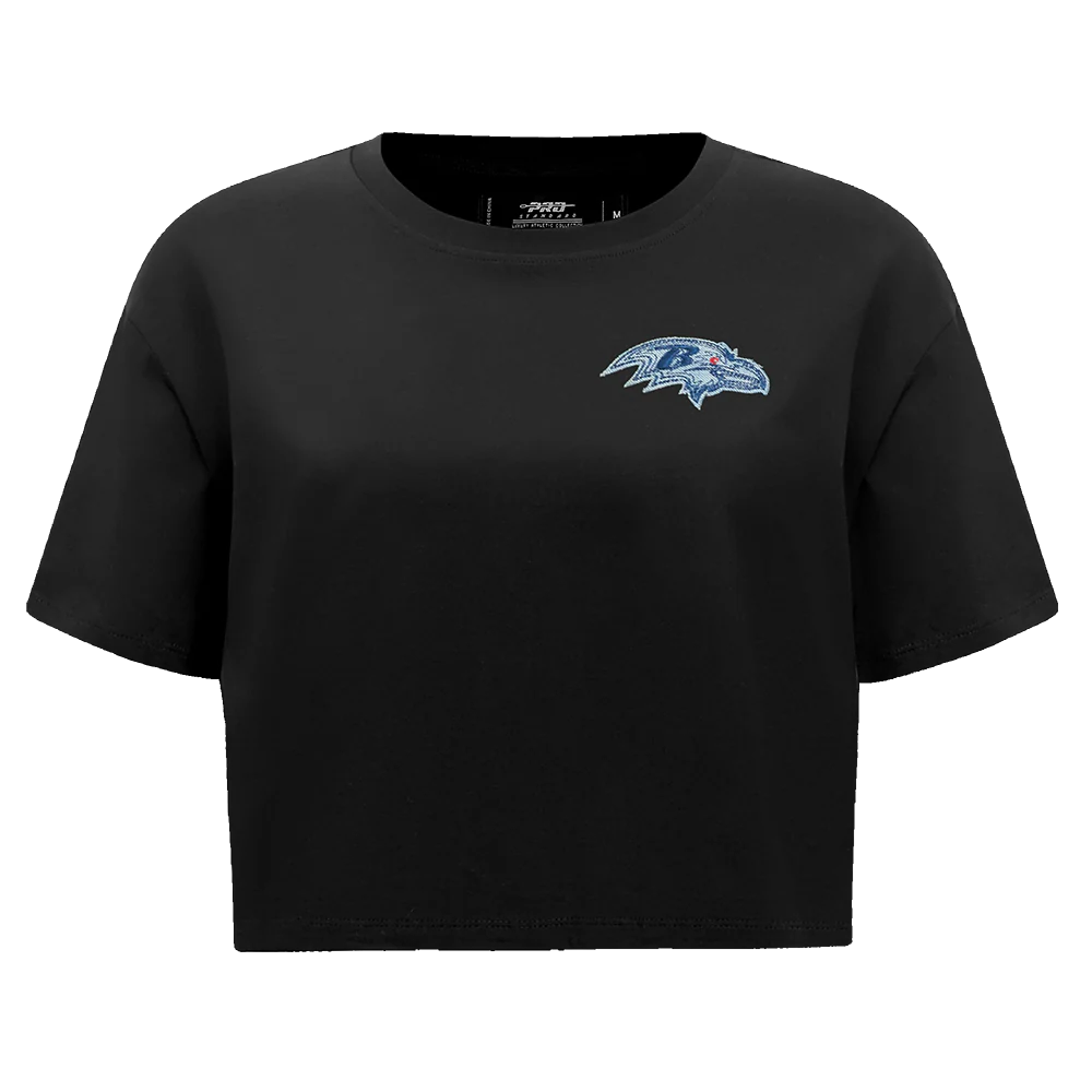 NFL BALTIMORE RAVENS VARSITY BLUES WOMEN'S BOXY TEE (BLACK)