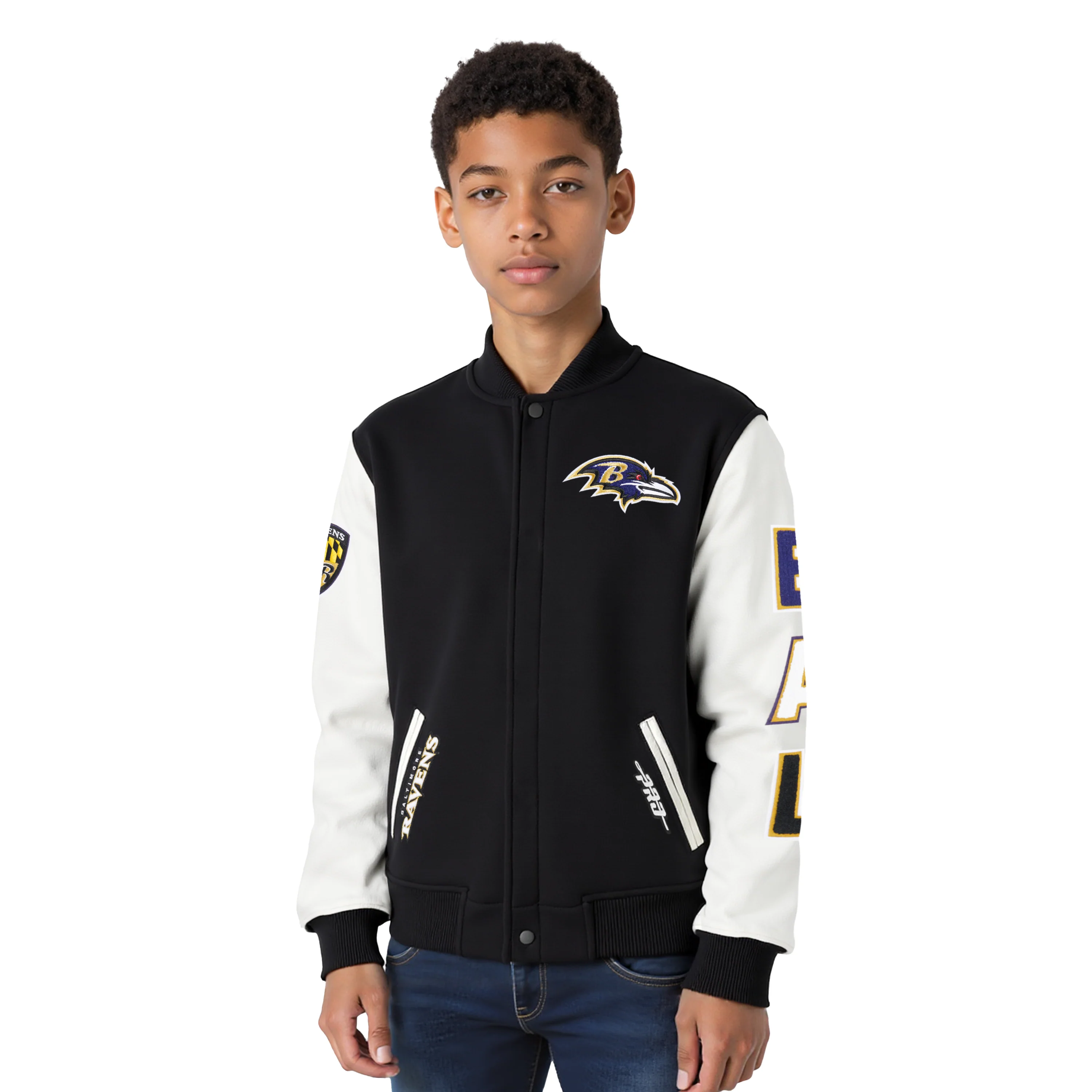 NFL BALTIMORE RAVENS CLASSIC BIG BOYS WOOL VARSITY JACKET (BLACK/WHITE)