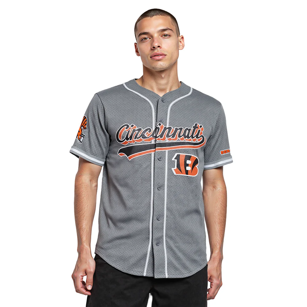 NFL CINCINNATI BENGALS SCRIPT TAIL MEN'S MESH BUTTON DOWN SHIRT (GRAY)