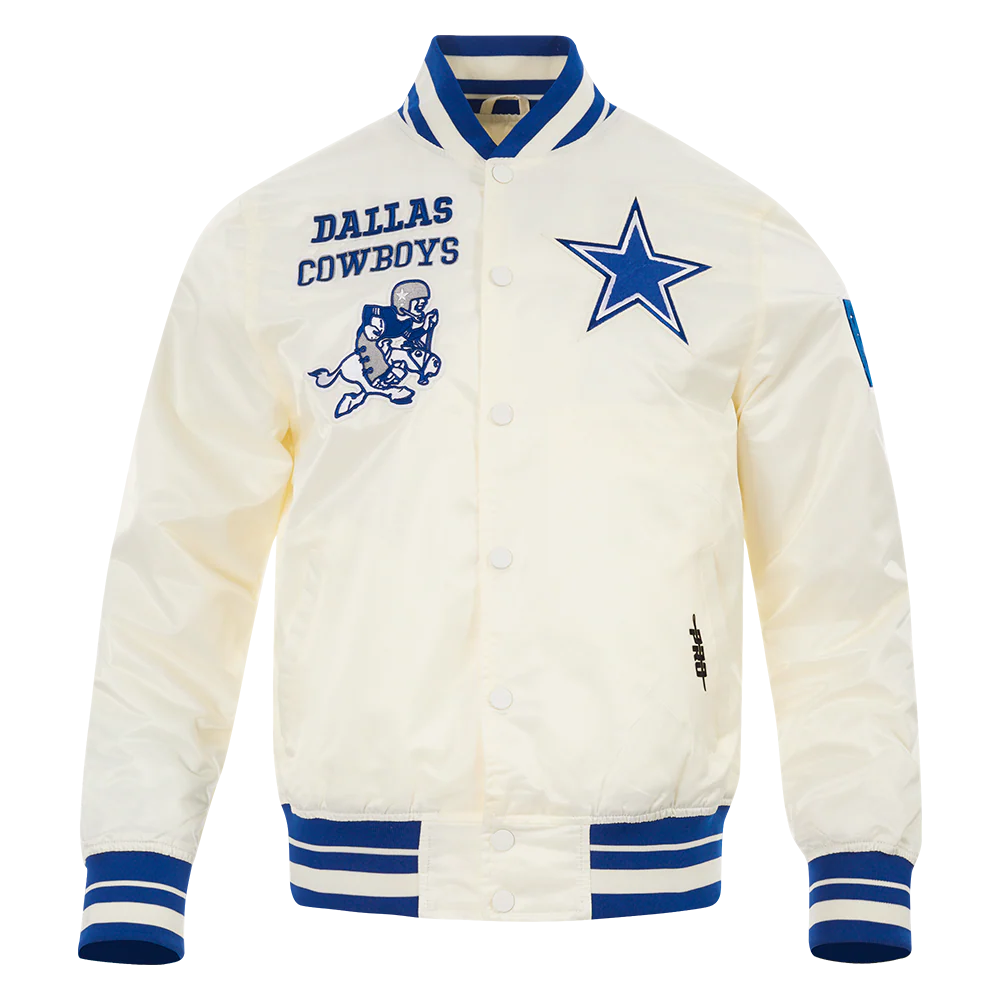 NFL DALLAS COWBOYS RETRO CLASSIC MEN'S RIB SATIN JACKET (EGGSHELL/DODGER BLUE)