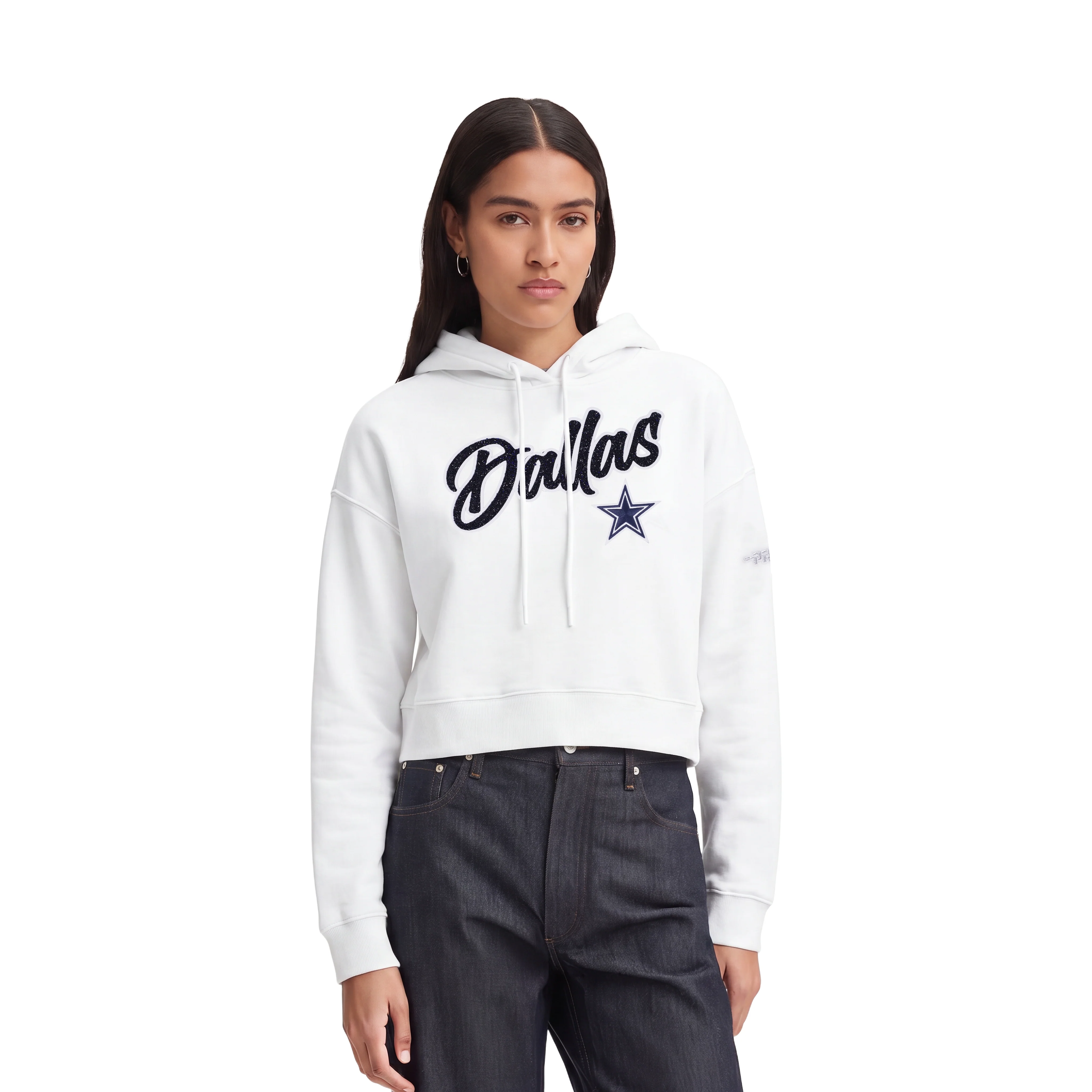 NFL DALLAS COWBOYS TEAM CRYSTALLINE WOMEN'S CROPPED PULLOVER HOODIE (WHITE) - Image 3