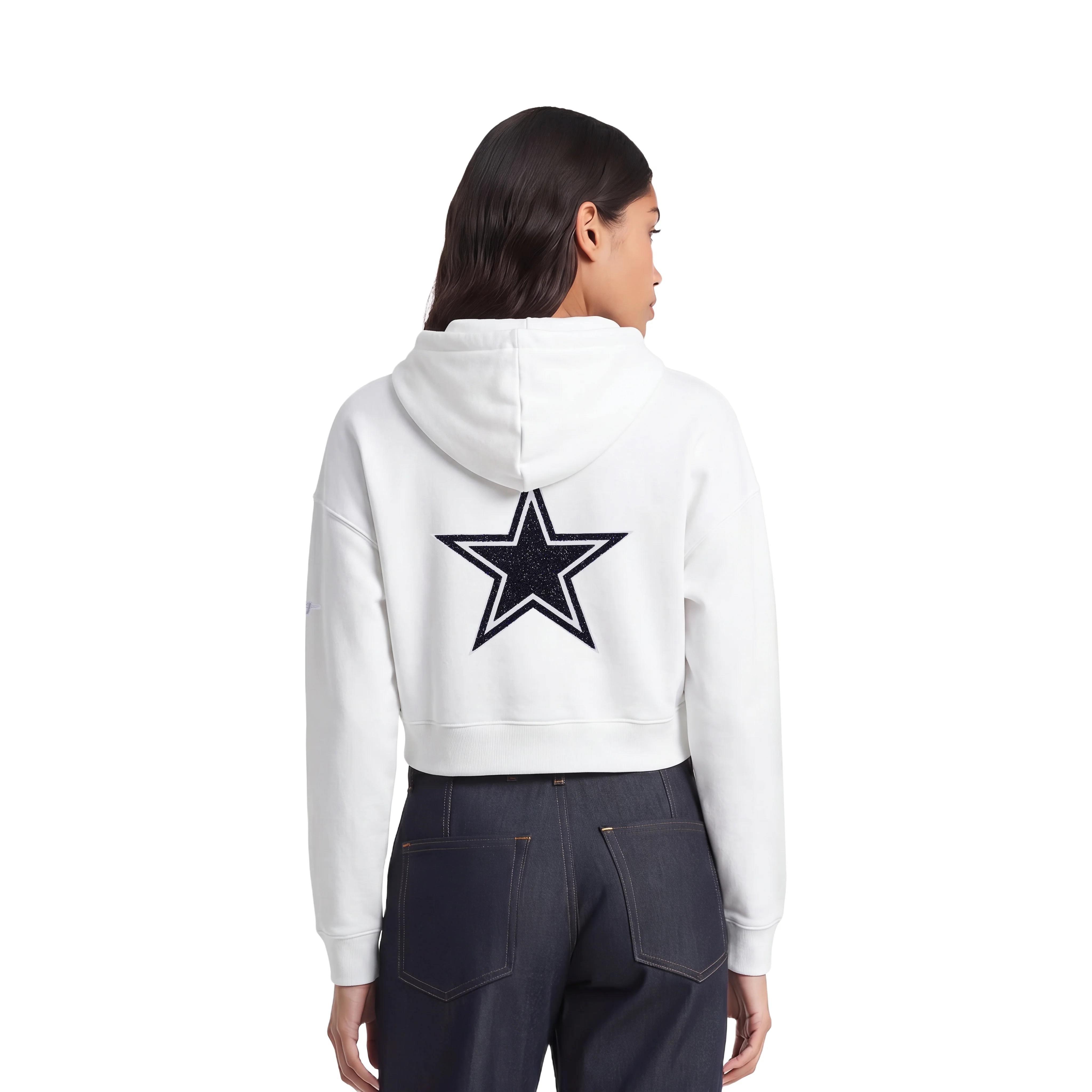 NFL DALLAS COWBOYS TEAM CRYSTALLINE WOMEN'S CROPPED PULLOVER HOODIE (WHITE) - Image 4