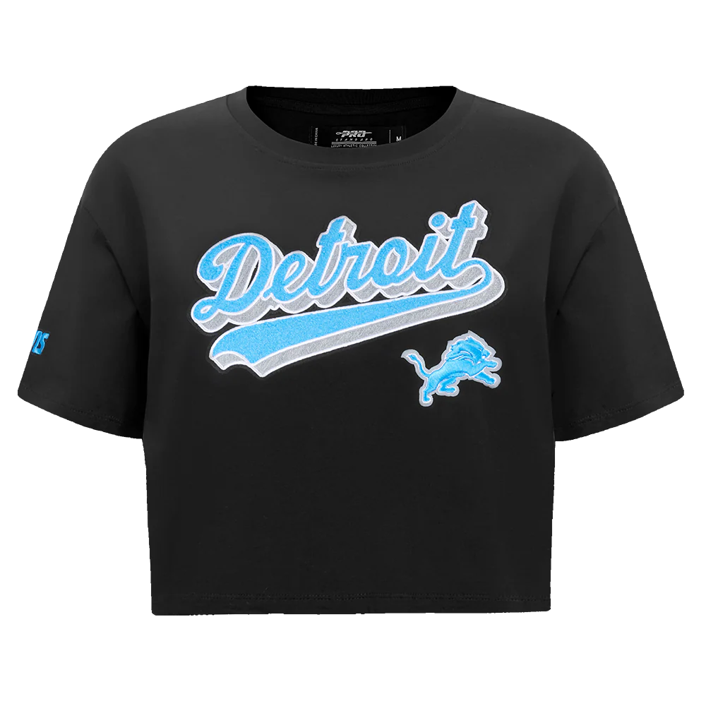 NFL DETROIT LIONS SCRIPT TAIL WOMEN'S SINGLE JERSEY BOXY TEE (BLACK)